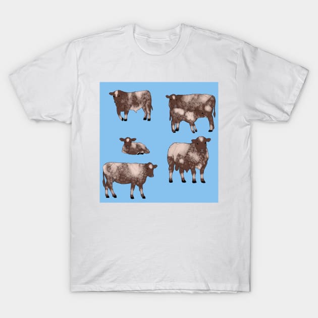 Shorthorn Cattle Pattern Blue T-Shirt by TrapperWeasel